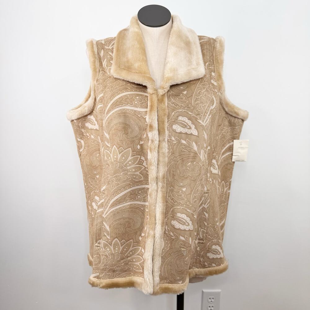 NWT Coldwater Creek Paisley Faux Fur Vest Tan Cream Outerwear Casual Size 2X